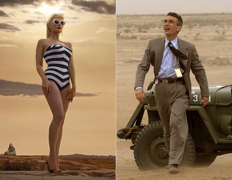 This combination of images shows Margot Robbie in a scene from "Barbie," left, and Cillian Murphy in a scene from "Oppenheimer." Both films were blockbusters in 2023. (Warner Bros Pictures/Universal Pictures via AP)