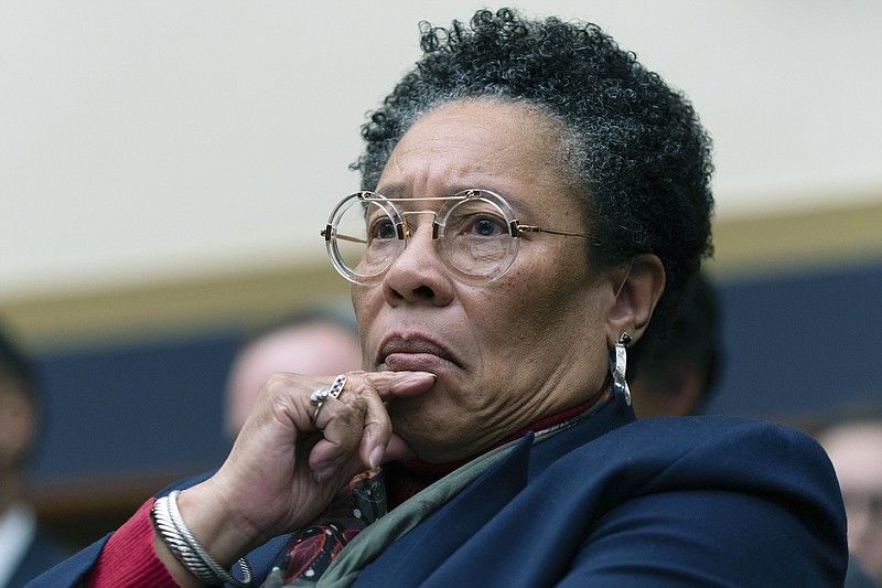 FILE - U.S. Secretary of Department of Housing and Urban Development Marcia Fudge testifies before the House Committee on Financial Services hearing on Capitol Hill, Jan. 11, 2024, in Washington. Fudge announced Monday, March 11, 2024, that she would resign her post, effective March 22, saying she was leaving &#x201c;with mixed emotions.&#x201d;  (AP Photo/Jose Luis Magana, File)