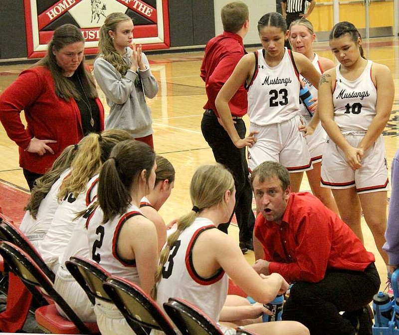 Daniel Bereznicki/McDonald County Press
McDonald County High School girls' basketball coach Sean Crane gives instruction to his players during a timeout last month.