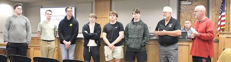Annette Beard/Pea Ridge TIMES
The boys bowling team and coaches Edwin Brewer and John King were honored at the School Board meeting Monday, March 11, 2024.