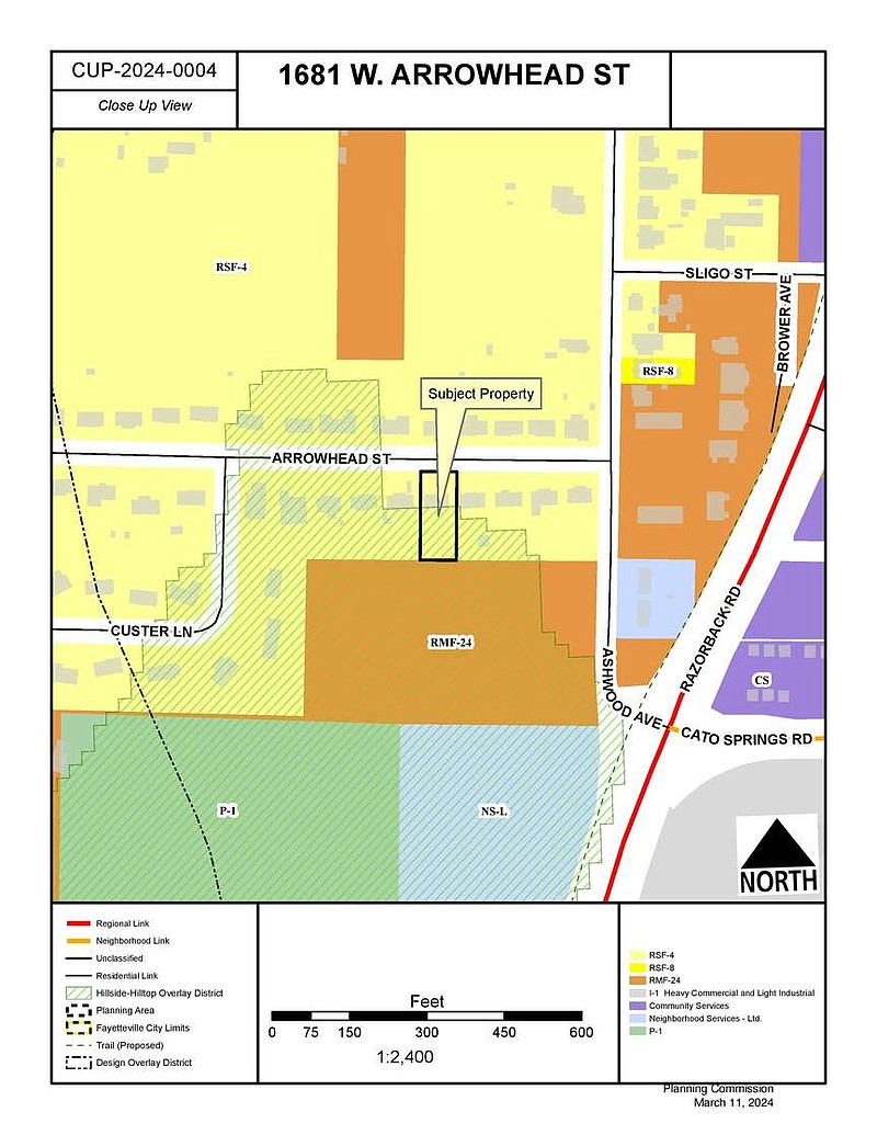 A map shows where a Fayetteville resident requested a permit to have his son's family stay in a recreational vehicle overnight on Arrowhead Street. The city's Planning Commission on Monday voted 6-3 in favor of the request. (Courtesy/Fayetteville)