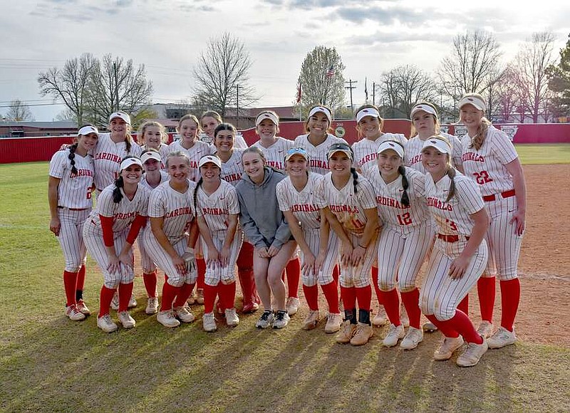 Mark Humphrey/Enterprise-Leader

Farmington's softball team poses after winning the Farmington Invitational with an 8-6 come-from-behind victory over Springdale Har-Ber on Saturday, March 16, at Randy Osnes Field over their former coach now with the Lady Wildcats. The Lady Cardinals bring a 3-1 record into spring break.