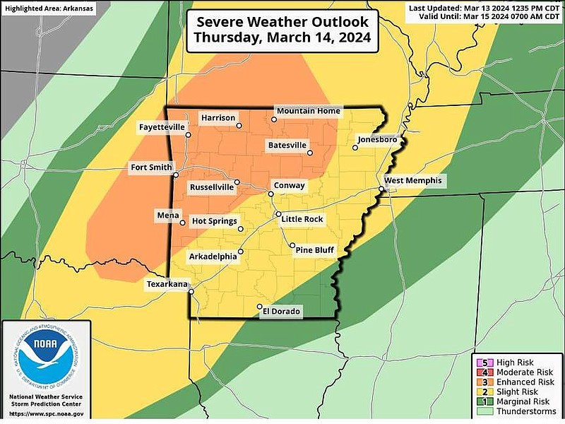 This graphic from the National Weather Service highlights portions of Arkansas at varying risks to see severe weather on Thursday afternoon. (National Weather Service/X)