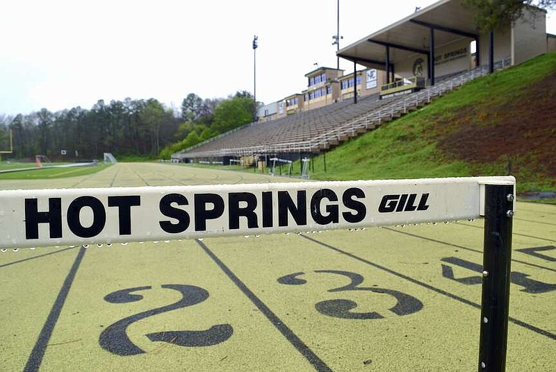 A hurdle is set up on the track at Hot Springs World Class High School's Joe Reese Stadium last week before the team's practice. (The Sentinel-Record/Donald Cross)