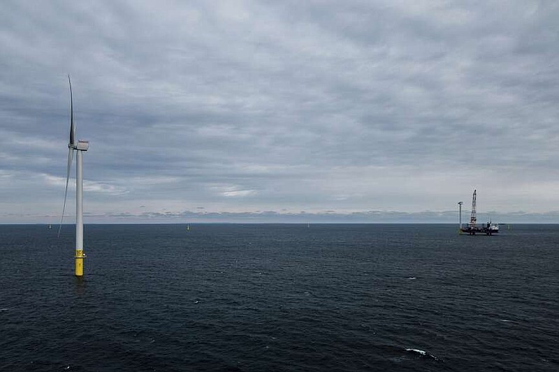 FILE - The first operating South Fork Wind farm turbine, Dec. 7, 2023, stands east of Montauk Point, N.Y. South Fork Wind, America's first commercial-scale offshore wind farm, is officially open. (AP Photo/Julia Nikhinson, File)