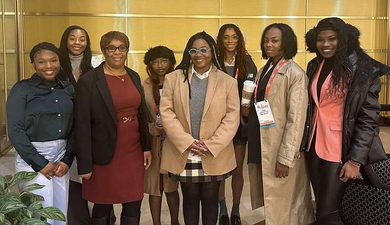 UAPB students and faculty attend the National Retail Federation Conference in New York City. Participants include Kerrah Charles (left) Jaia James, Assistant Professor Karleah Harris, Khameria Clark, Havilland Ford, Gabrielle Hightower, Lenae Warren and Brianna Beckles. (Special to The Commercial/University of Arkansas at Pine Bluff)