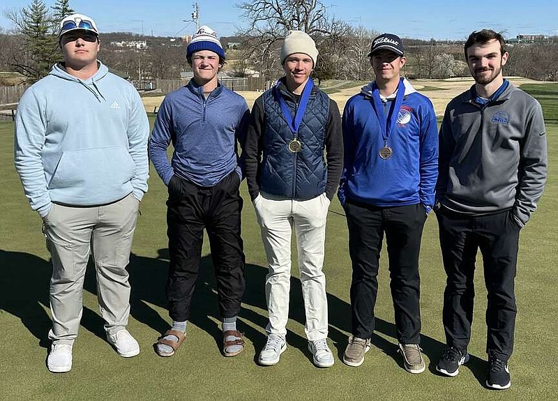(Democrat photo/Evan Holmes)
California Pintos golf took third place at the Father Tolton Invitatoinal on Monday. Will Boyd (center) won the individual competition with a score of 69 (-2).