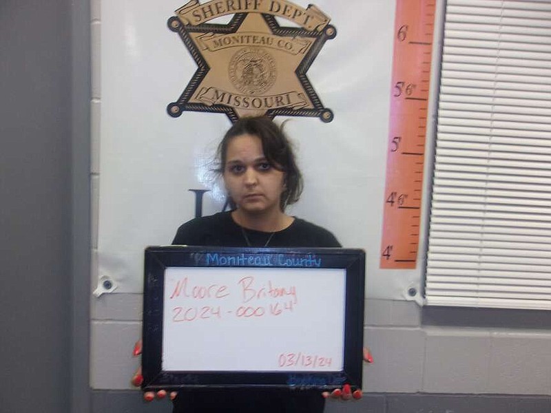 Submitted — Britany M. Moore, 28, of Columbia, was arrested March 13 on suspicion of possessing a controlled substance (methamphetamine), receiving stolen property and unlawful possession of drug paraphernalia. She is being held at the Moniteau County Jail on a $1,000 cash-only bond.