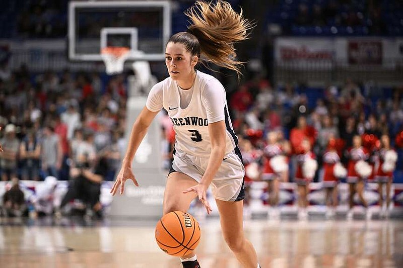 Greenwood's Anna Trusty (3) brings the ball down the court during the Lady Bulldogs' 77-51 victory against Vilonia in the Class 5A girls state championship game at Bank OZK Arena in Hot Springs on March 8. Trusty was named Gatorade Player of the Year for Arkansas this past week. More photos at arkansasonline.com/39girls5a24/.
(Arkansas Democrat-Gazette/Staci Vandagriff)