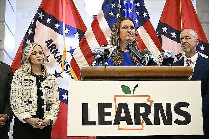 Gov. Sarah Huckabee Sanders' speaks at her signing of the Arkansas LEARNS Act at the state Capitol on Wednesday, March 8, 2023. On her right is state Secretary of the Department of Education Jacob Oliva, who also spoke at the signing. (Arkansas Democrat-Gazette/Stephen Swofford)