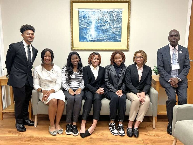UAPB's Student Observers included Jude Kearney (left) Elyse Wafer, Alexandria Collins, Maya Woods, Journee Greed, Mia Woods and the School of Arts & Sciences Interim Dean Grant Wangila. Student Makenzi Evans is not pictured. (Special to The Commercial/University of Arkansas at Pine Bluff)