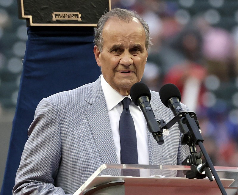 FILE - Joe Torre speaks as he is inducted into the Braves Hall of Fame before a baseball game between the Atlanta Braves and the Arizona Diamondbacks, July 30, 2022, in Atlanta. Torre was elected vice chairman of baseball&#x2019;s Hall of Fame, Monday, March 11, 2024. The 83-year-old was elected to the Hall in 2014 and joined the board in 2023. (AP Photo/Butch Dill, File)