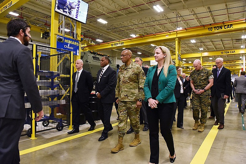 Chairman of the Joint Chiefs of Staff Charles Q. Brown Jr. (center right), tours Lockheed Martin Missiles and Fire Control in ϰϲͼ on Thursday, March 14, 2024. (Arkansas Democrat-Gazette/Staci Vandagriff)