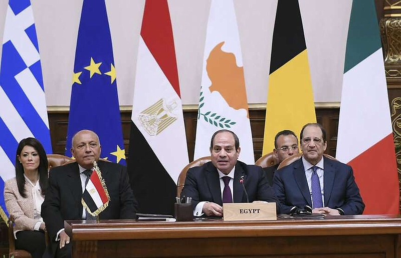 In this photo provided by Egypt's presidency media office, Egyptian President Abdel-Fattah el-Sissi chairs a meeting with EU leaders at the Presidential Palace in Cairo, Egypt, Sunday, March 17, 2024. (Egyptian Presidency Media Office via AP)