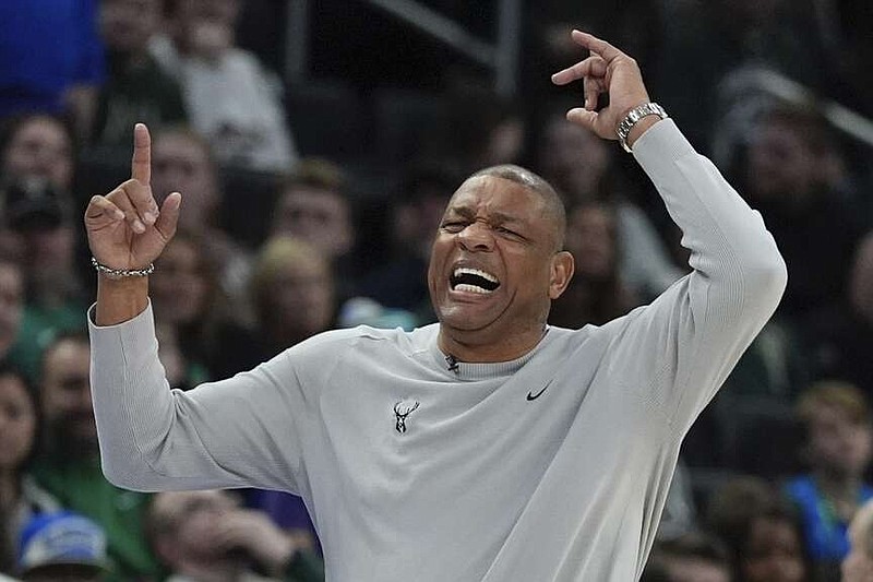 Milwaukee Bucks head coach Doc Rivers reacts during the first half of an NBA basketball game Sunday, March 17, 2024, in Milwaukee. (AP Photo/Morry Gash)