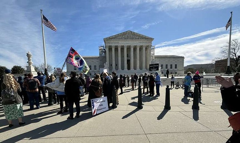 Jane Norman/States Newsroom photo: 
Protestors backing a social media case against the U.S. government rallied outside the Supreme Court on March 18, 2024, as arguments in the case were being heard inside. The lawsuit filed in 2022 by attorneys general in Missouri and Louisiana alleges the federal government colluded with social media companies to suppress the freedom of speech.