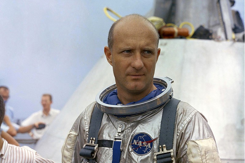 This Aug. 23, 1965 photo provided by NASA shows astronaut Thomas P. Stafford, near the NASA Motor Vessel Retriever in the Gulf of Mexico during training. Stafford, who commanded a dress rehearsal flight for the 1969 moon landing and the first U.S.-Soviet space linkup, died Monday, March 18, 2024. He was 93. (NASA via AP)