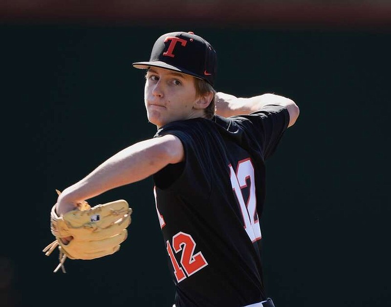 Texas High pitcher Worth McMillen pitched a complete-game victory over North Lamar, 7-0, this season at Tiger Field in Texarkana, Texas. McMillen gave up only two singles and fanned nine in the season-opening baseball game for both teams. (Photo courtesy of Texarkana Gameday)