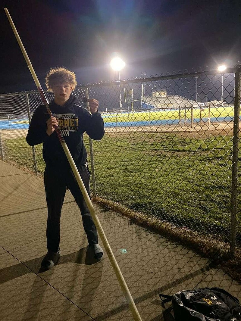 Fulton's Will Wagner-Yates poses for a photo after winning the pole vault (11 feet and 7.76 inches) in the Montgomery County Early Invite Tuesday at Montgomery County High School in Montgomery City. (FHS Hornet Track & Field/Courtesy)