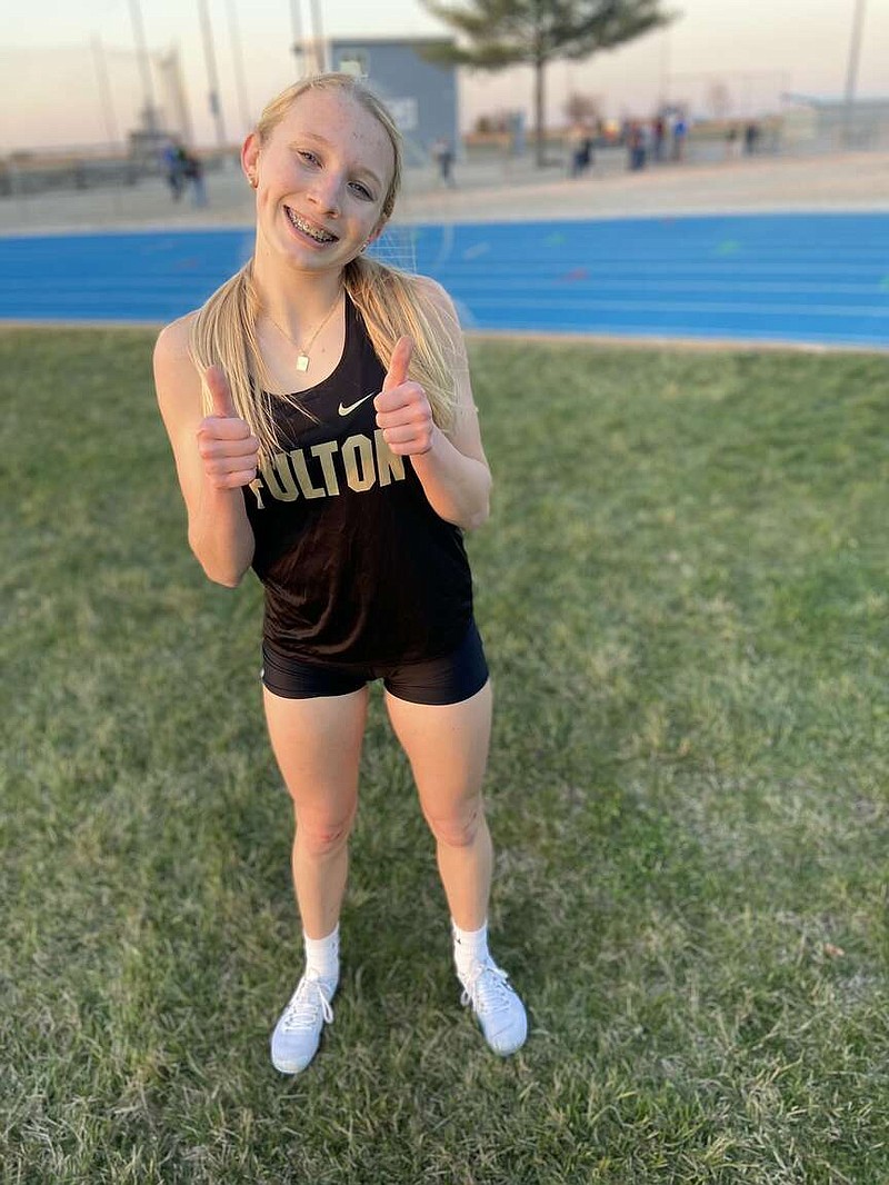 Competing in her second high school meet, Fulton's Addison Milius won the 300-meter hurdles at 53.52 seconds in the Montgomery County Early Invite Tuesday at Montgomery County High School in Montgomery City. (FHS Hornet Track & Field/Courtesy)