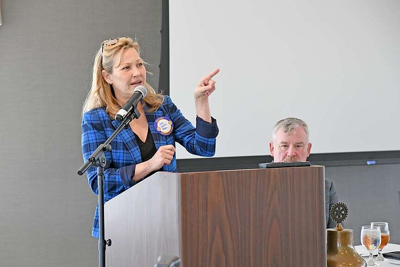 Actor Joey Lauren Adams discusses her journey from growing up in North Little Rock to becoming an actress, which eventually led her to settle in Hot Springs in 2022, Wednesday during the Hot Springs National Park Rotary Club meeting at the DoubleTree by Hilton Hot Springs. (The Sentinel-Record/Lance Brownfield)