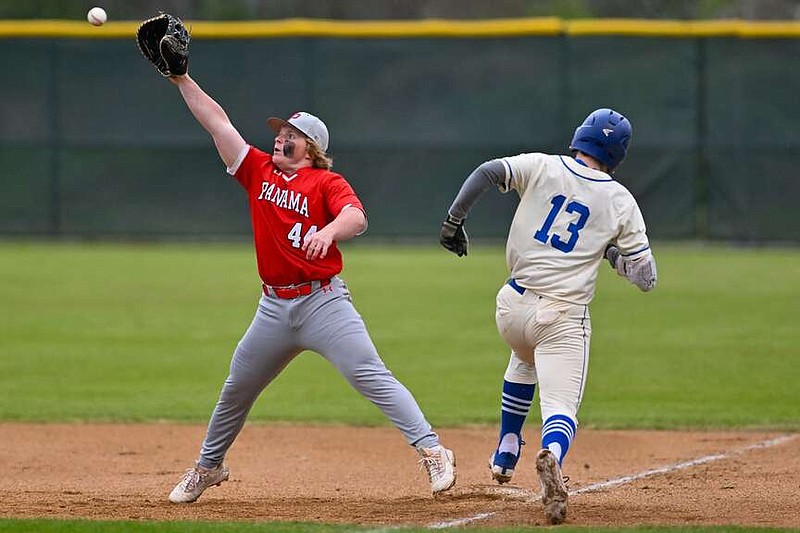 Panama's Caleb Brewer makes the out at first base in the first inning at the Alma Wood Bat Tournament on Thursday, March 21, 2024, at Airedale baseball field in Alma. The Monticello Billies took on the Panama Razorbacks in the third game of the tournament. Visit nwaonline.com/photo for today's photo gallery. (River Valley Democrat Gazette/Caleb Grieger)