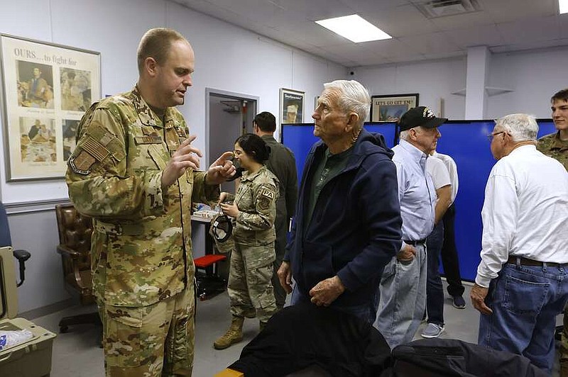Col. Denny Davies, commander of Little Rock Air Force Base, talks with veteran Ed Petlak, after speaking to a group of veterans at the Jacksonville Military Museum on Thursday, March 22, 2024, in Jacksonville.
(Arkansas Democrat-Gazette/Thomas Metthe)