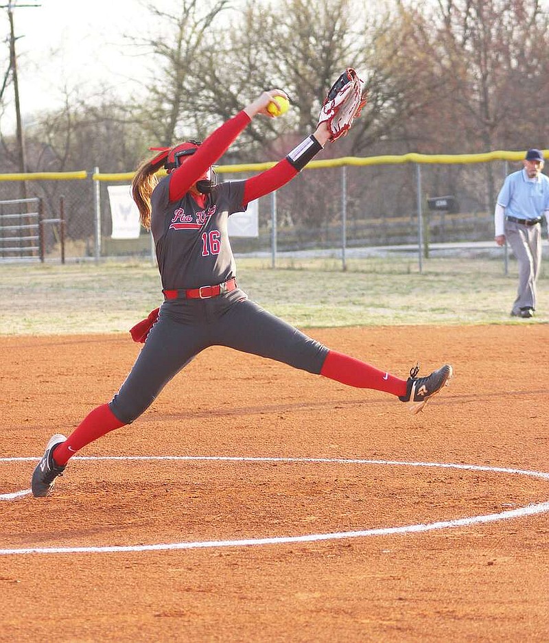 Annette Beard/Pea Ridge TIMES
Lady Blackhawk pitcher Emory Bowlin pitched a perfect game allowing 0 walks, 0 runs, striking out 14 against the Siloam Springs Lady Panthers Wednesday, March 6.