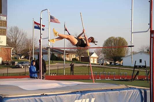 Fulton's Shelby Studer leaps in the pole vault in the California Quad Thursday at California High School in California, Missouri. Studer won the pole vault, going 6 feet and 5.95 inches. (Danuser Photography/Courtesy)