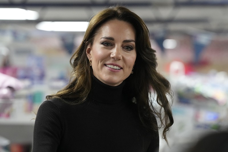 FILE - Britain's Kate, Princess of Wales smiles during her visit to Sebby's Corner in north London, Friday, Nov. 24, 2023.   (AP Photo/Frank Augstein, Pool, File )