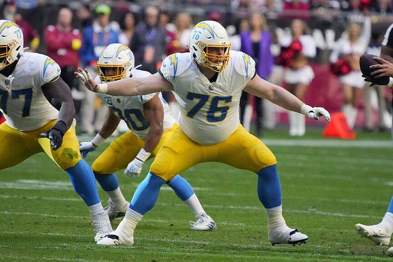 FILE - Los Angeles Chargers center Will Clapp (76) during the first half of an NFL football game against the Arizona Cardinals, Sunday, Nov. 27, 2022, in Glendale, Ariz. The Buffalo Bills shored up their interior offensive line depth by signing free agent Will Clapp to a one-year contract on Friday., March 22, 2024. (AP Photo/Rick Scuteri, File)