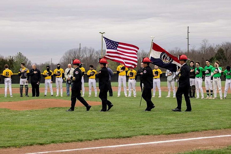 Fulton holds its Military Night presentation before facing North Callaway Friday at Darrell Davis Field in Fulton. (Shawley Photography/Courtesy)