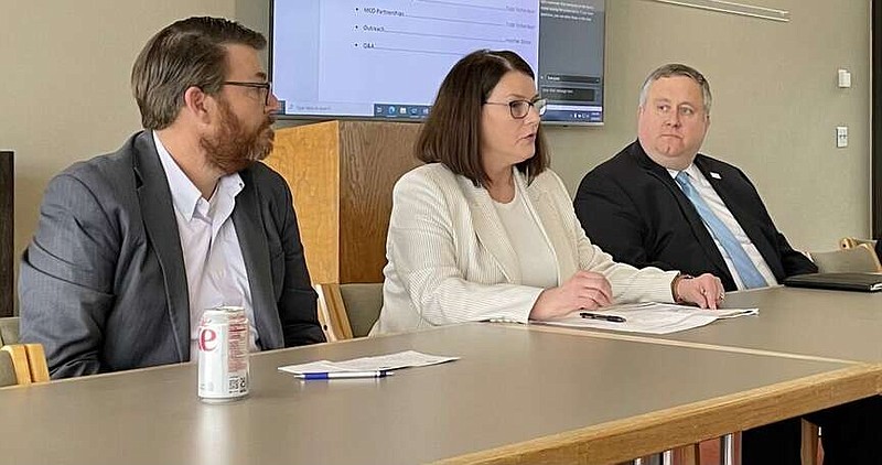 Clara Bates/Missouri Independent file photo: 
From left, Todd Richardson, director of MO HealthNet; Kim Evans, director of Family Support Division; and Robert Knodell, director of Department of Social Services, speak to the media March 28, 2023 in Jefferson City about Medicaid renewals.