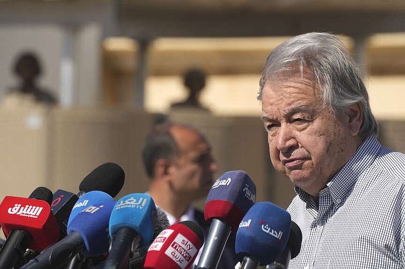 United Nations Secretary General Antonio Guterres speaks after his visit to the Rafah border crossing between Egypt and the Gaza Strip, Saturday, March 23, 2024. (AP Photo/Amr Nabil)