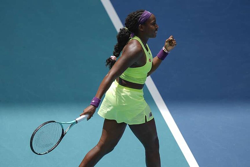 Coco Gauff celebrates winning her women's third round match against Oceane Dodin, of France, at the Miami Open tennis tournament, Sunday, March 24, 2024, in Miami Gardens, Fla. (AP Photo/Rebecca Blackwell)
