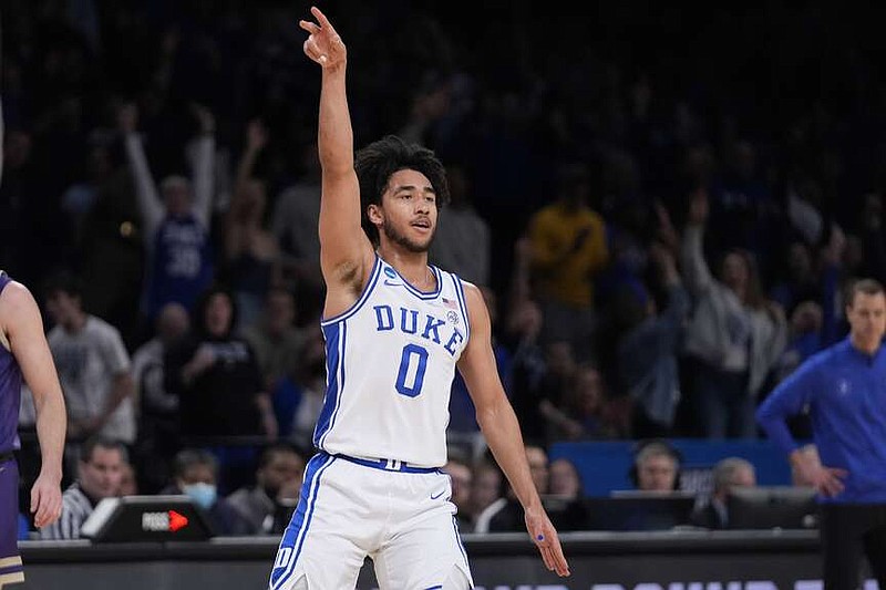 Duke's Jared McCain (0) gestures after making a 3-point shot during the first half of a second-round college basketball game against James Madison in the NCAA Tournament Sunday, March 24, 2024, in New York. (AP Photo/Frank Franklin II)