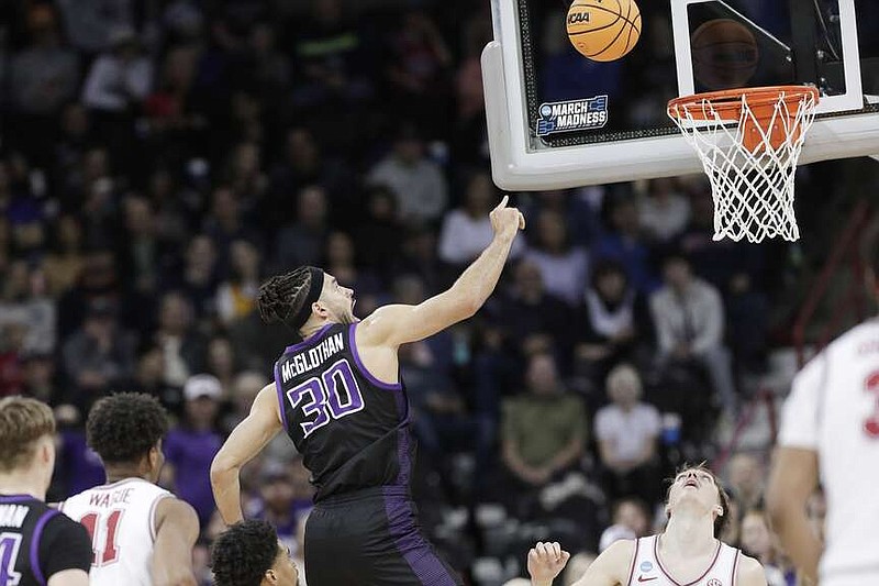 Grand Canyon forward Gabe McGlothan (30) watches his shot during the first half of a second-round college basketball game against Alabama in the NCAA Tournament in Spokane, Wash., Sunday, March 24, 2024. (AP Photo/Young Kwak)