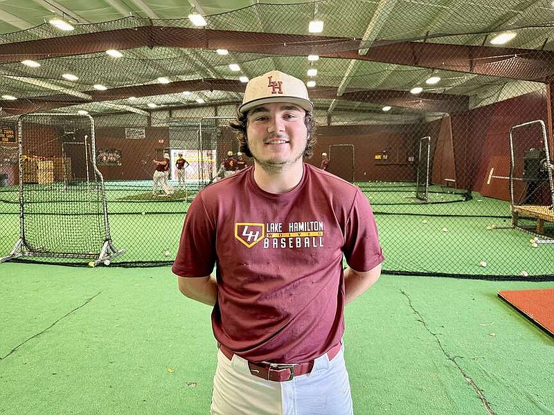 Lake Hamilton senior pitcher Easton Hurley is pictured at the Wolves' indoor baseball facility before warming up. Hurley is committed to play at Southern Arkansas University this fall. (The Sentinel-Record/Bryan Rice)