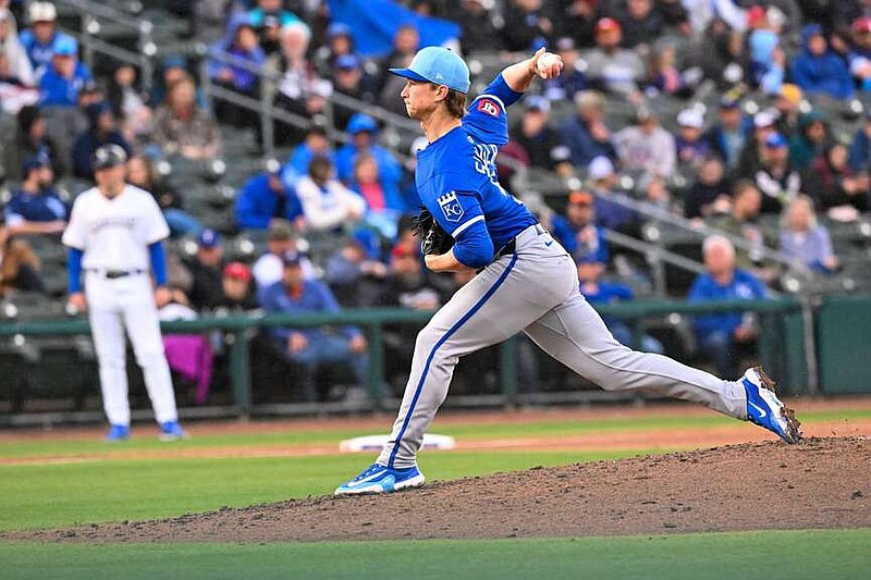 Kansas City's Brady Singer throws a pitch in the second inning of Monday's exhibition game against the Northwest Arkansas Naturals at Arvest Ballpark in Springdale. Singer, a former Natural in 2019, pitched six scoreless innings with eight strikeouts as the Royals defeated the Naturals 7-1 before a crowd of 6,811. Visit nwaonline.com/photo for today's photo gallery. 
(NWA Democrat Gazette/Caleb Grieger)