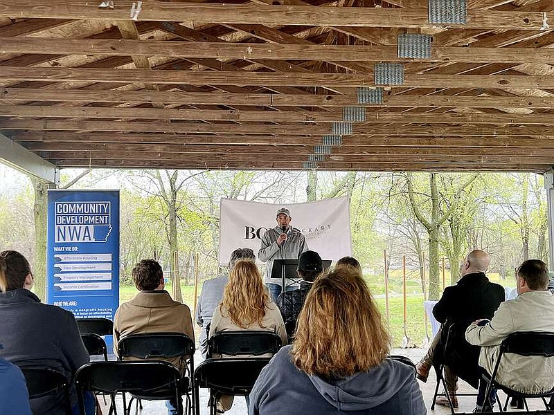 Community Development NWA Executive Director Casey Kleinhenz speaks Monday during a groundbreaking event for the Olive Street Apartments development in Rogers. Visit nwaonline.com/photos for today's photo gallery.
(NWA Democrat-Gazette/Campbell Roper)