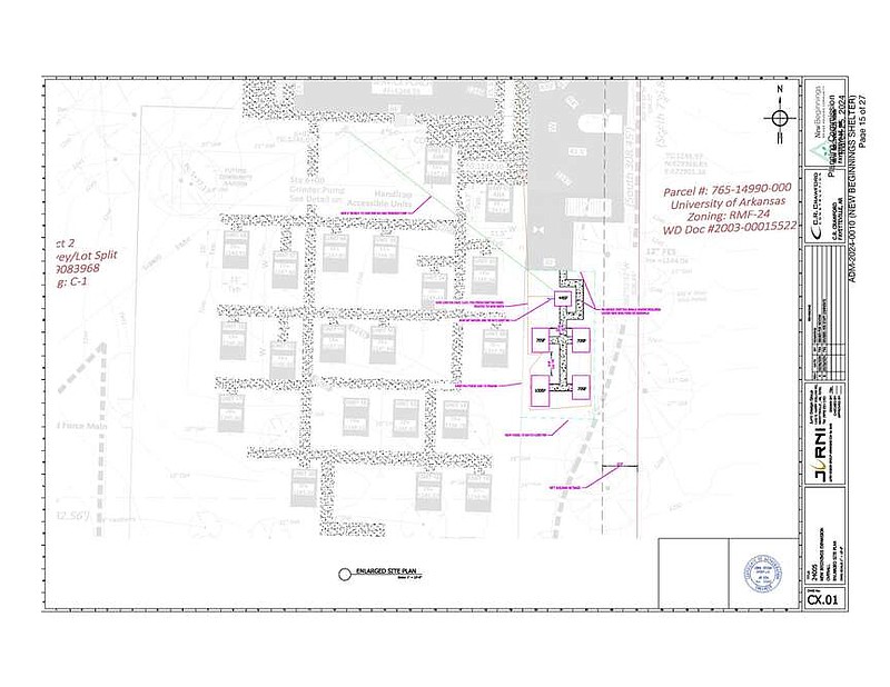 A drawing shows the proposed layout for additional shelters at the New Beginnings microshelter community on 19th Street in south Fayetteville. The city's Planning Commission on Monday considered a request to expand New Beginnings' original permit for the site. (Courtesy/Fayetteville)