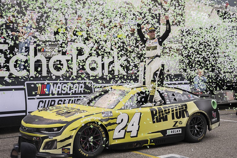 William Byron celebrates after winning a NASCAR Cup Series auto race Sunday, March 24, 2024, at Circuit of the Americas in Austin, Texas. (AP Photo/Darren Abate)