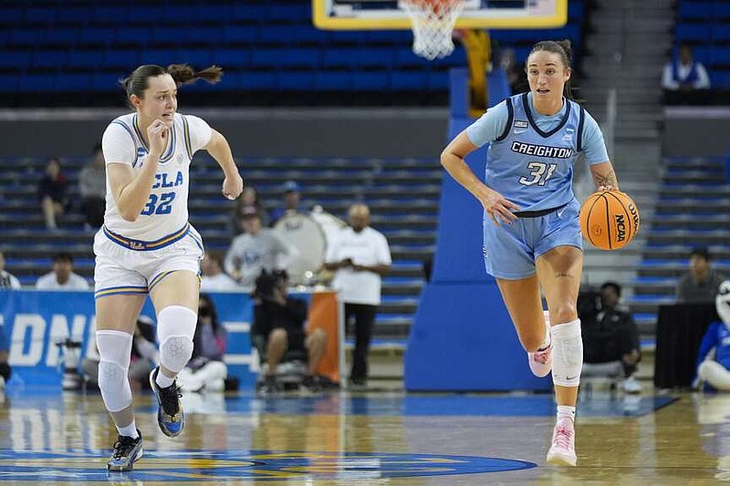 Creighton forward Emma Ronsiek (31) dribbles past UCLA forward Angela Dugalic (32) during the first half of a second-round college basketball game in the women's NCAA Tournament Monday, March 25, 2024, in Los Angeles. (AP Photo/Marcio Jose Sanchez)
