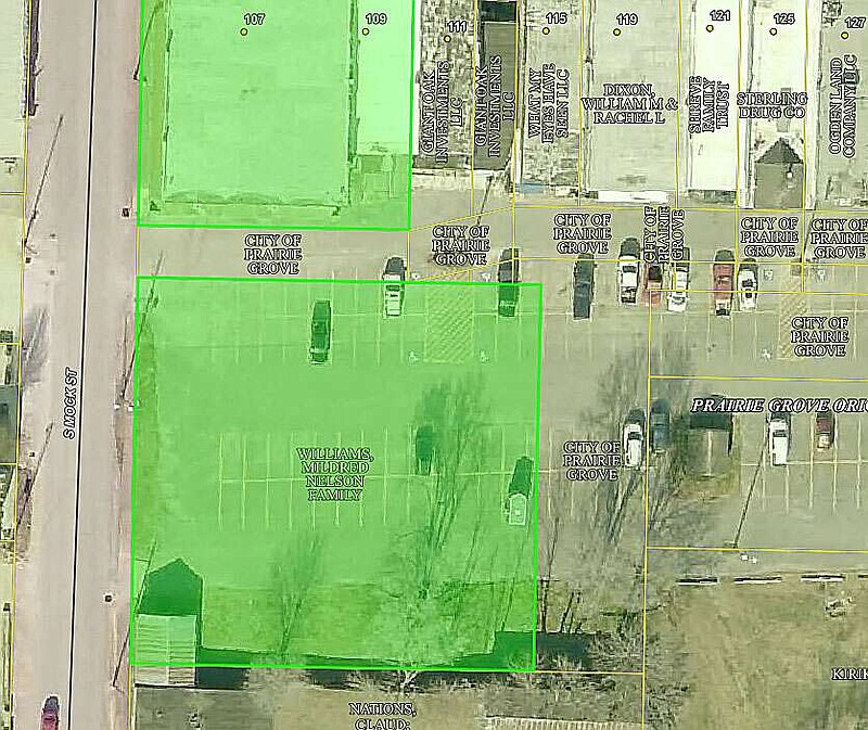 Courtesy city of Prairie Grove
This map shows the downtown parking lot that Prairie Grove City Council agreed to purchase for $72,000 at its March 25 meeting. It has about 50 parking spots, some green space and includes the storage building in the left corner. The property is located behind Southern Mercantile on Buchanan Street.