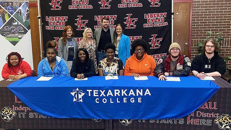 Seven Liberty-Eylau High School seniors signed letters of intent to attend Texarkana College after completing dual credit coursework. The students will continue their workforce education through TC after they graduate high school. From left: Chakyria White, Madison Ellis, Akeelah Sanders, Mia Hooper, Alexzandra Abbit, Nicholas Koonce and Jaylen Williams. (Photo courtesy of LEISD)