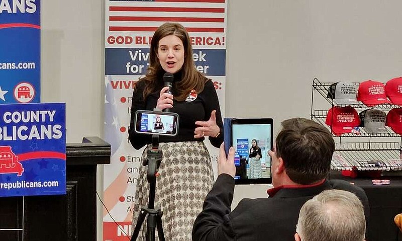 Rudi Keller/Missouri Independent photo: 
State Sen. Mary Elizabeth Coleman of Arnold, Missouri, speaks Feb. 29, 2024, at the Boone County Republican Lincoln Days dinner in Columbia.