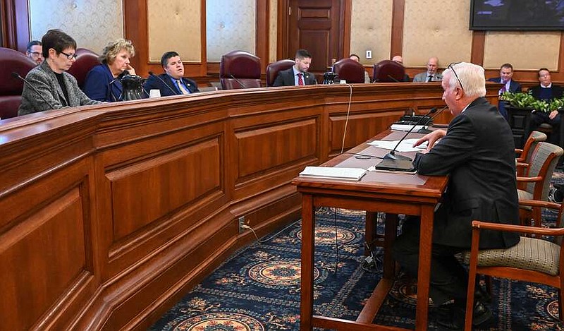 Julie Smith/News Tribune photo: 
Rob Monsees, vice president of Legislative Affairs for the Missouri Hospital Association, sits at the witness table Tuesday, March 26, 2024, at the state Capitol during an Insurance and Banking Committee bill hearing regarding pharmacy benefit managers.