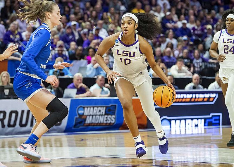 LSU's Angel Reese (10) drives to the basket against LSU in a second-round college basketball game in the women's NCAA Tournament in Baton Rouge, La., Sunday, March 24, 2024. (Scott Clause/The Daily Advertiser via AP)