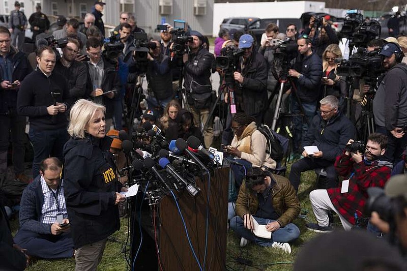 National Transportation Safety Board Chair Jennifer Homendy speaks during a news conference hold a news conference near the scene where a container ship collided with a support on the Francis Scott Key Bridge, in Dundalk, Md., Tuesday, March 26, 2024. (AP Photo/Matt Rourke)
