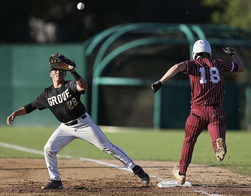 Pleasant Grove's Ty Boozer prepares for an incoming ball as Liberty-Eylau's Eli Jarvis is safe at first base Tuesday, March 26, 2024, in Texarkana, Texas. (Photo by JD for the Texarkana Gazette)
